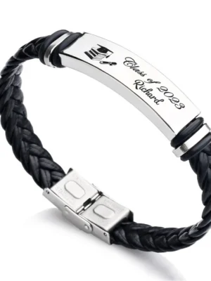 Men's Leather Bracelets Stainless Steel ID Bar Customized Name Date Logo Engrave Bangle & Bracelet Male/Female JewelryCustomized